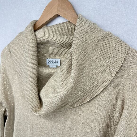 CARMEN Sweater L MARC VALCO Cowl Neck Metallic Pullover Rayon Blend Beige Gold - Picture 5 of 14